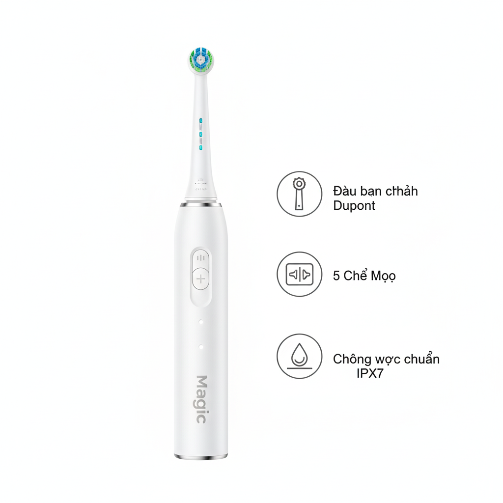 Bàn Chải Đánh Răng Điện B-22DE – Động Cơ Rung Mạnh – 5 Chế Độ Làm Sạch – Lông Mềm DuPont – Chống Nước IPX7